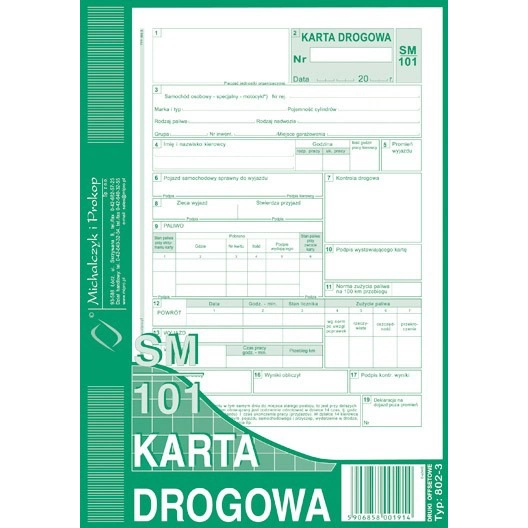 KARTA DROGOWA SM/101 NUMEROWANA (SAMOCHÓD OSOBOWY) 802-3N