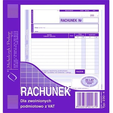 RACHUNEK DLA ZWOLNIONYCH PODMIOTOWO Z VAT 230-4